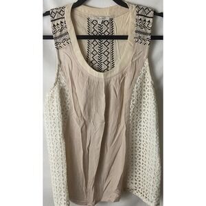 Miss Me Womens‎ Sleeveless Blouse Tan White Crochet Embroidered Sz Med